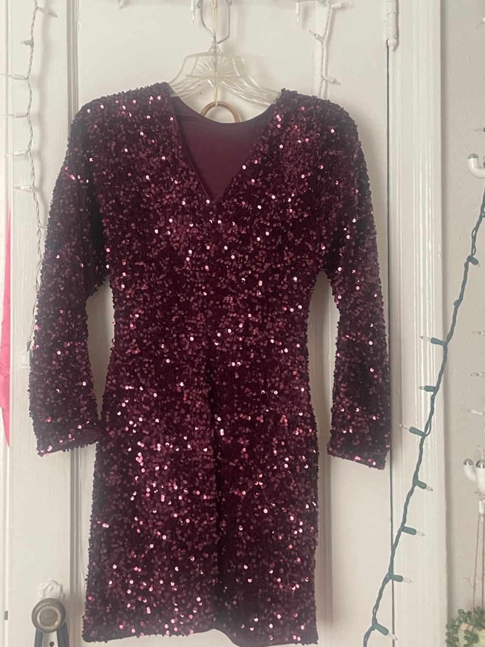 Burgundy mini glitter evening dress